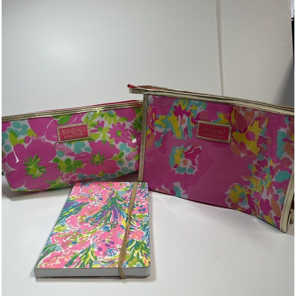 Lilly Pulitzer Bundle Lot Of 2 Vinyl Estee Lauder Zip Bags & Notebook - Picture 1 of 14